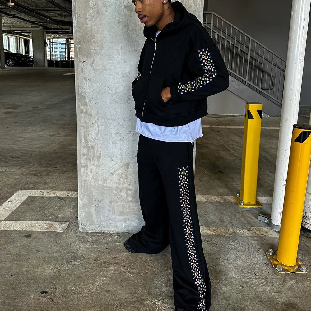 Oversized Wide Leg Sweatpants Hoodies Sets Men Custom Rhinestone Side Two Piece Streetwear Tracksuit