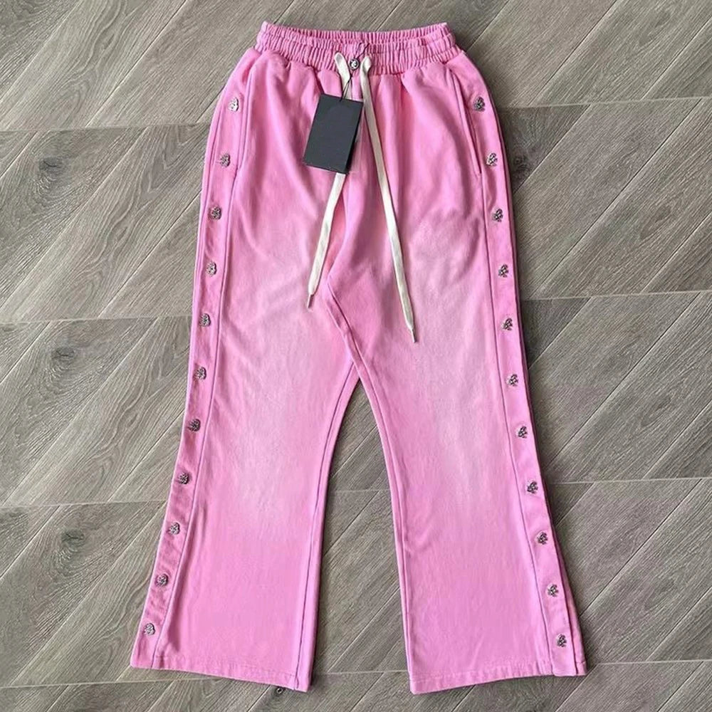 Side Snap Button Design Thick Cotton Jogger Pants Men Custom Vintage Washed Wide Leg Flared Sunfaded Sweatpants