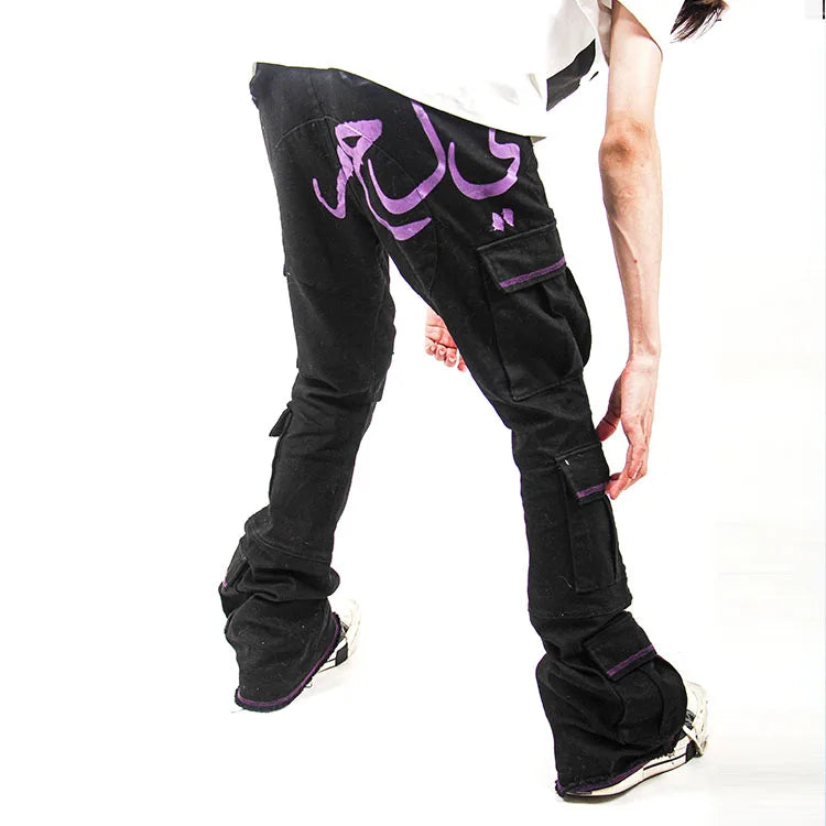 HL Hersteller Großhandel schwarze gestapelte Hosen benutzerdefinierte Druck Multi Taschen Carpenter Nylon Cargohose OEM Herren Flare Cargohose