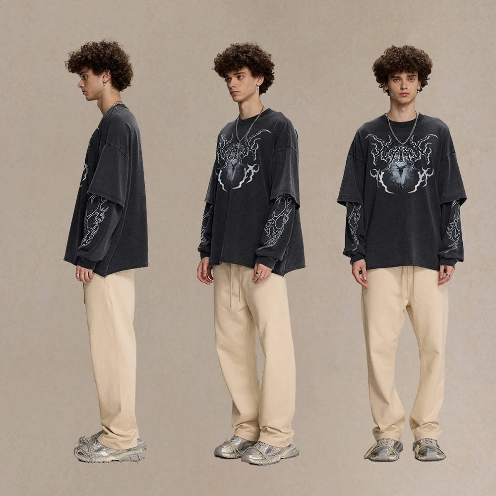 345Gsm Heavyweight Retro Vintage Washed Tshirts Custom Screen Printing Men Oversized Double Layer Long Sleeve T Shirt