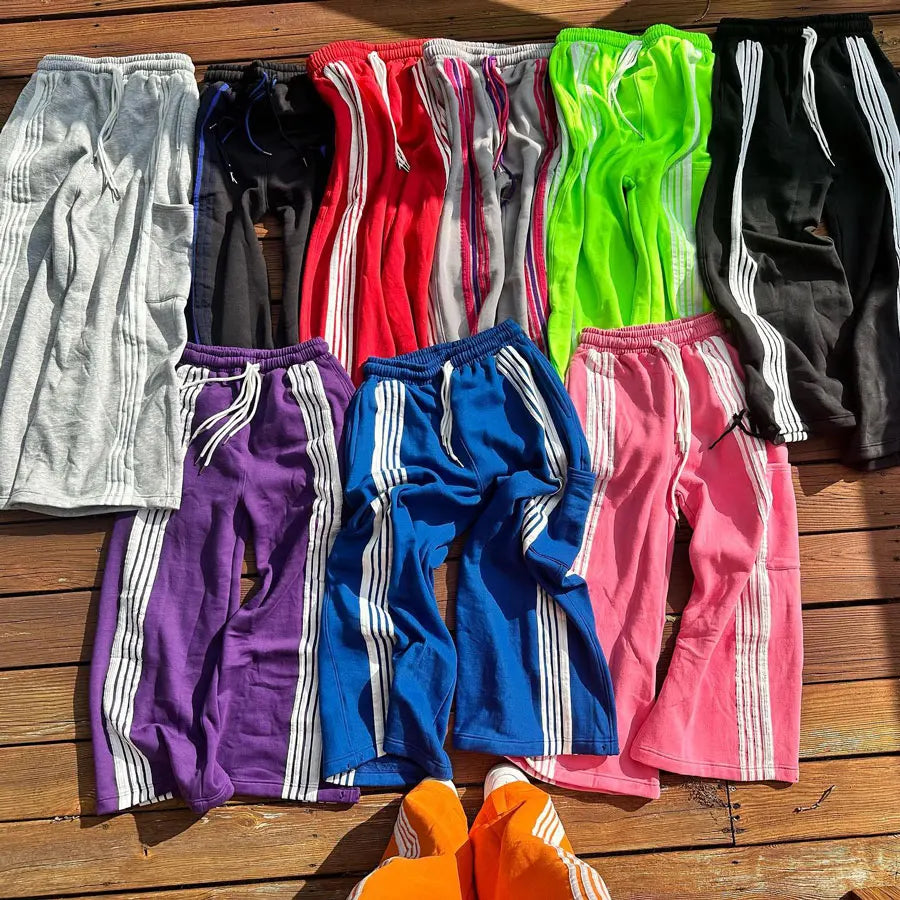 Factory Custom Striped Design Oversized Straight Leg Sweatpants Men Thick Cotton Drawstring Waist Baggy Wide Leg Pants