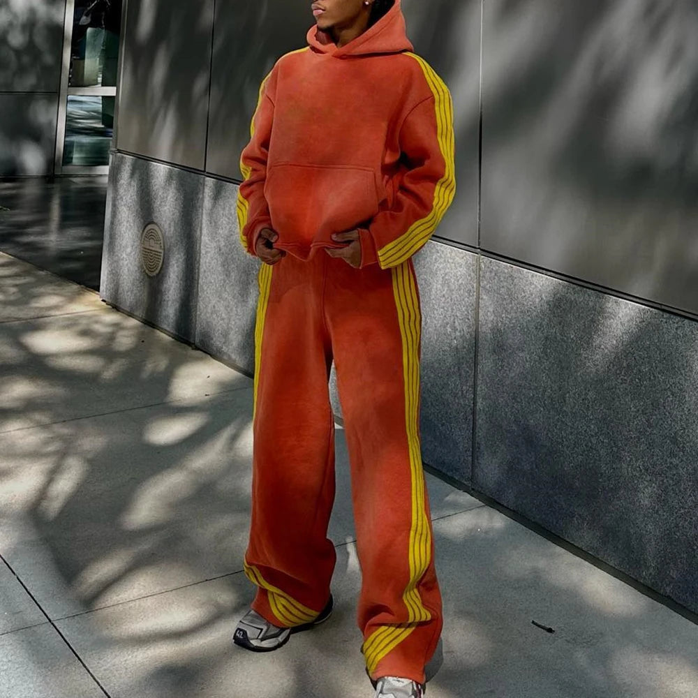 Heavyweight Cotton Two Piece Set Hoodie Sweatpants Custom Vintage Washed Sunfaded Men Striped Tracksuits Set