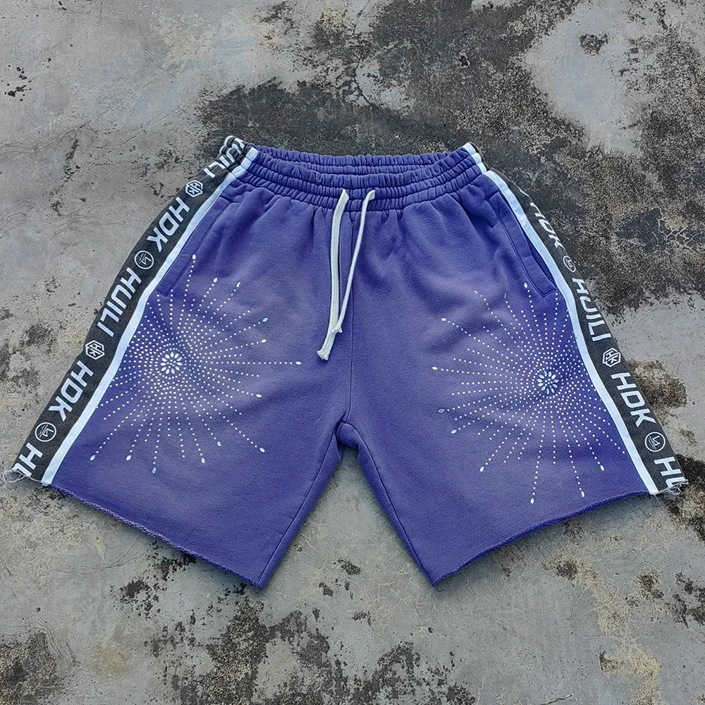 Heavyweight Cotton Side Logo Printed Shorts Custom Sunfaded Washed Men Oversized Raw Hem Bottom Rhinestone Sweat Shorts
