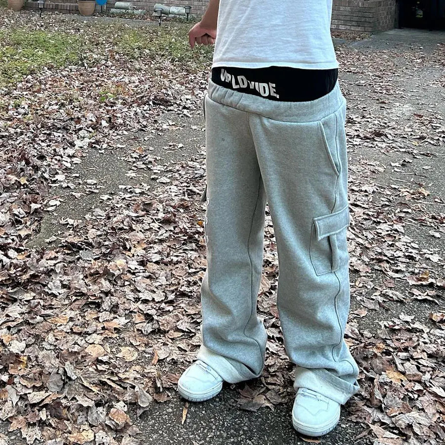 New Design Striped Side Split Bottom Track Sweat Pants Custom 100% Cotton Men Straight Wide Leg Double Waist Sweatpants
