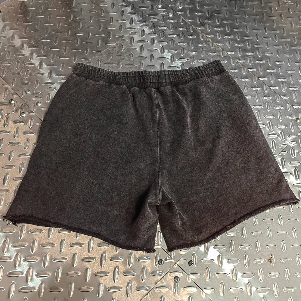 Vintage Wash Thick Cotton Streetwear Sweat Shorts Custom Logo Men Applique Embroidery Patched Raw Hem French Terry Shorts