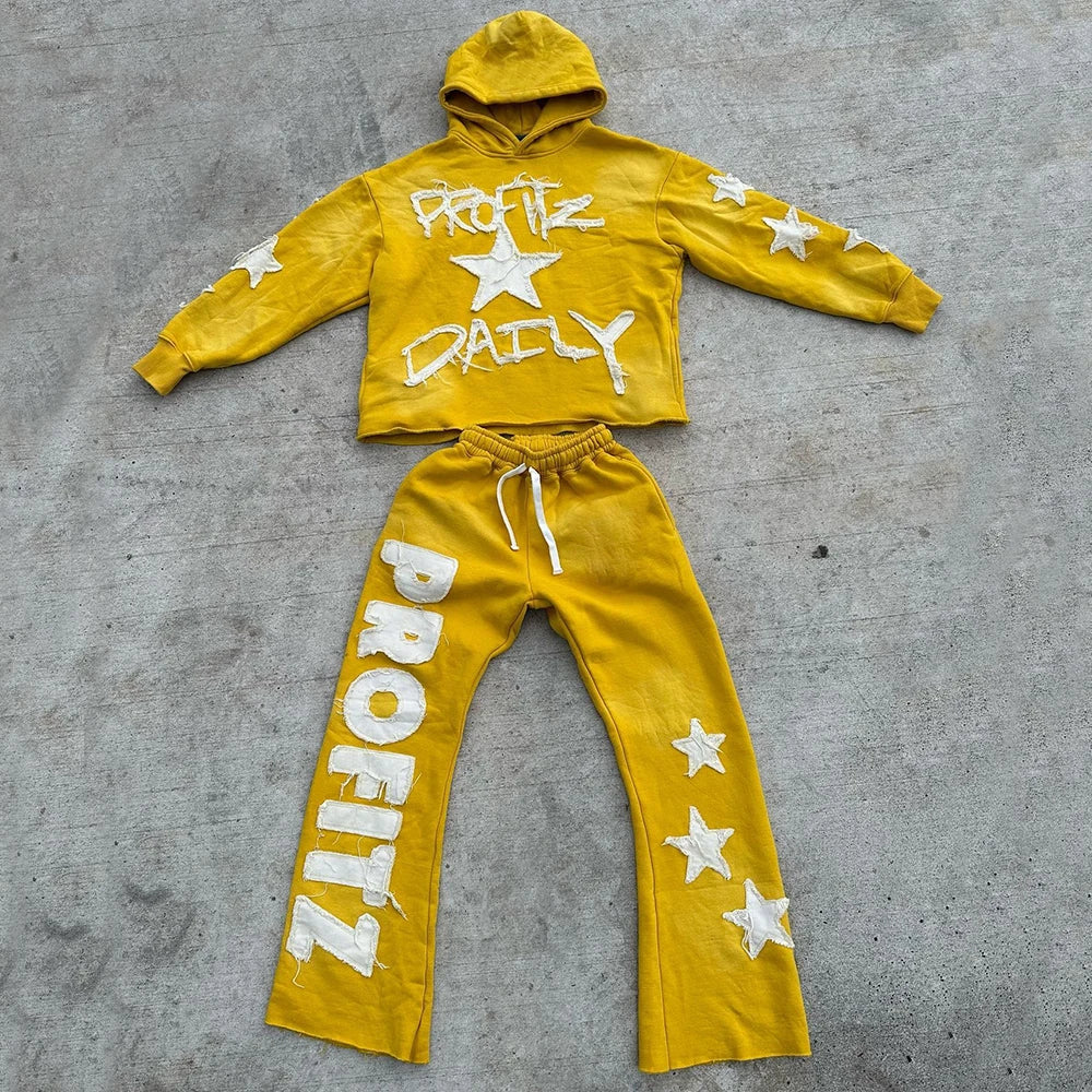 Two Piece Tracksuits Embroidery Logo Patched Sweatsuits Set Custom Vintage Washed Men Hoodies Sweatpants Sets