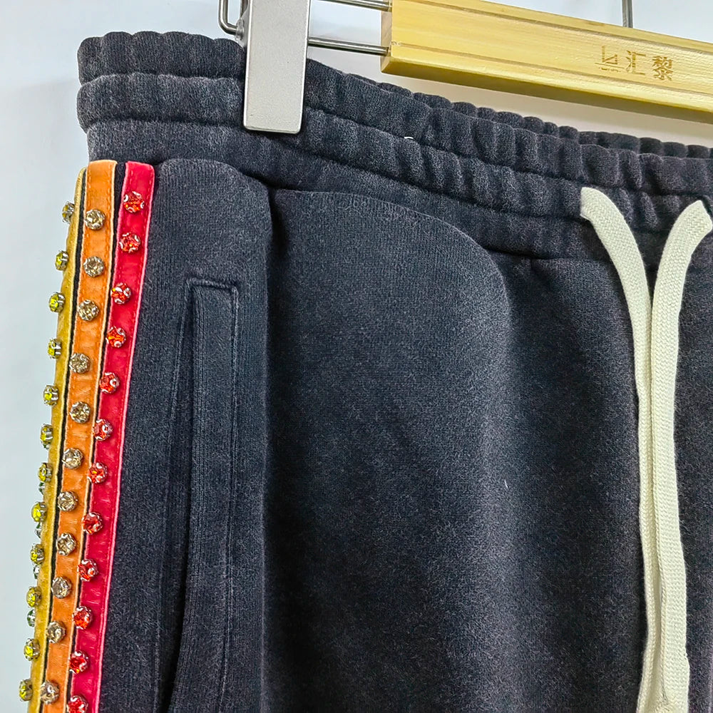 Oem Vintage Washed Thick Cotton Track Jogger Pants Men Custom Logo Embroidery Patched Wide Leg Side Rhinestone Sweatpants