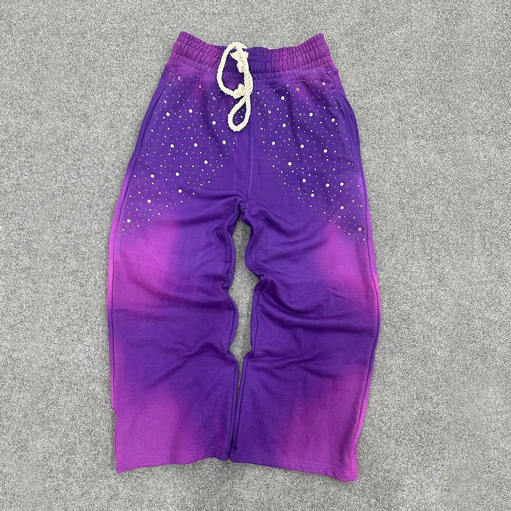Heavyweight Cotton Sweat Pants Custom Rhinestone Sunfaded Washed Men Wide Waistband Baggy Sweatpants