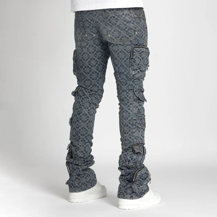 High Quality Men's Pants Straight Leg Slim Fit Stacked Jeans Factory Custom Multi Pockets Laser Printed Denim Cargo Pant Men