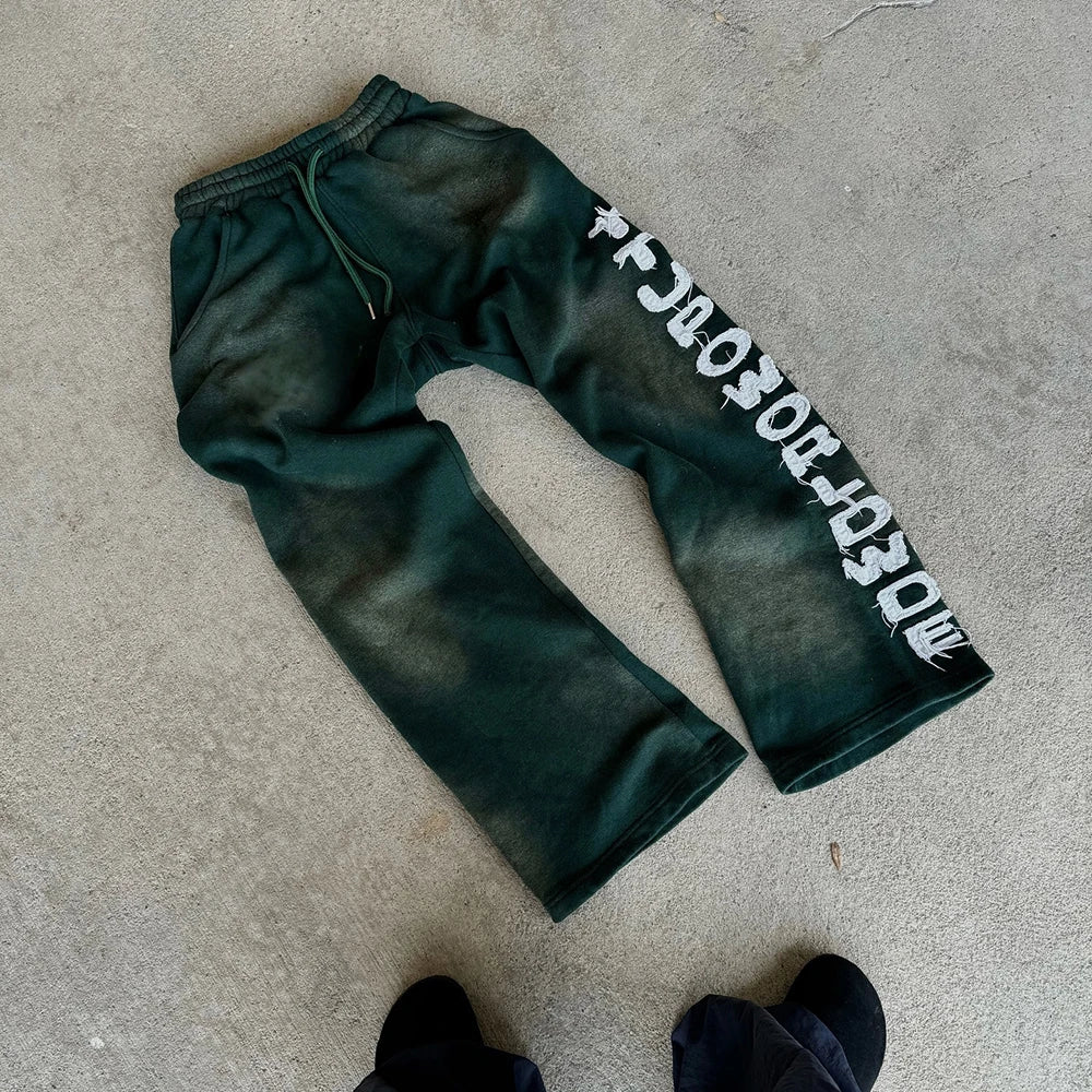 Sunfaded Vintage Washed Thick Cotton Sweatpants Men Custom Embroidery Logo Patched Wide Leg Sweatpants