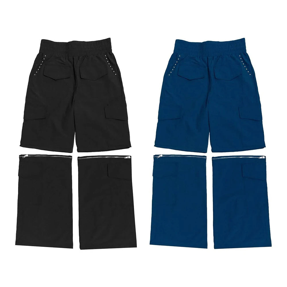 Basic Wide Leg Nylon Sportswear Pants Solid Color Elastic Waist Men Convertible Track Pants
