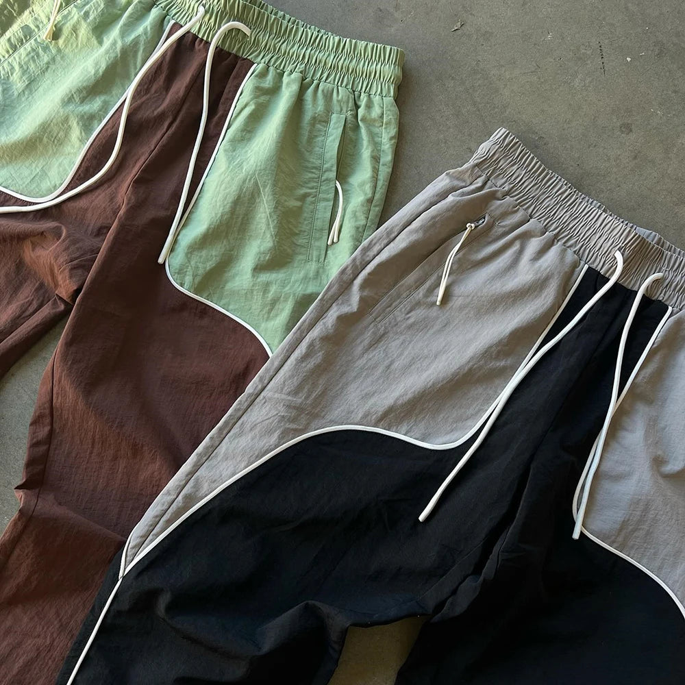 Color Block Streetwear Track Pants Men Custom Elastic Drawstring Waist Nylon Track Pants