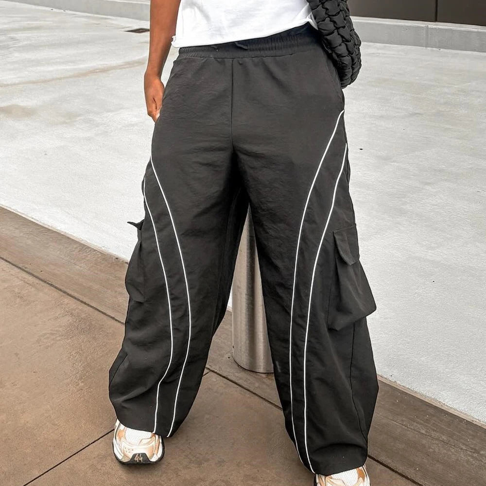 Basic Elastic Waist Nylon Streetwear Pants Men Custom Cargo Pockets Oversized Baggy Wide Leg Track Pants