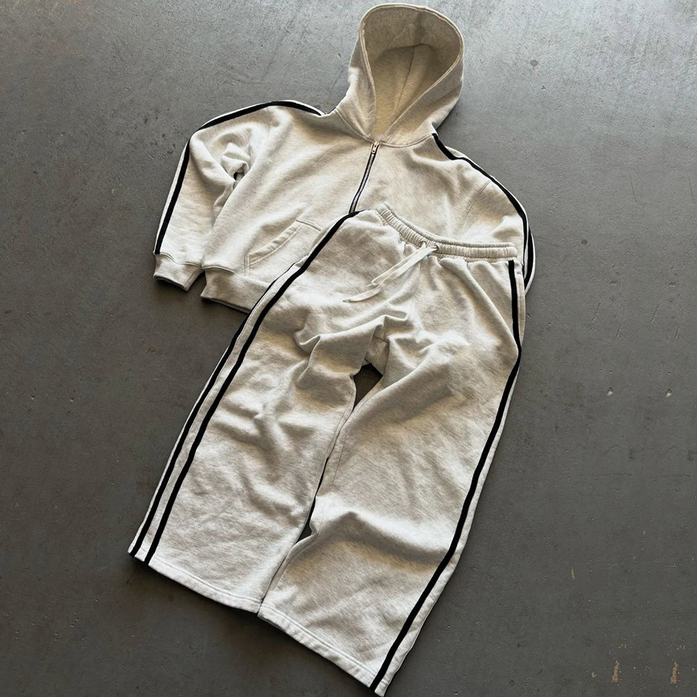 Heavyweight Cotton Unisex Loose Fit Two Piece Sets Tracksuit Custom Logo Printing Men Zip Hoodie Wide Leg Sweatpants Sets