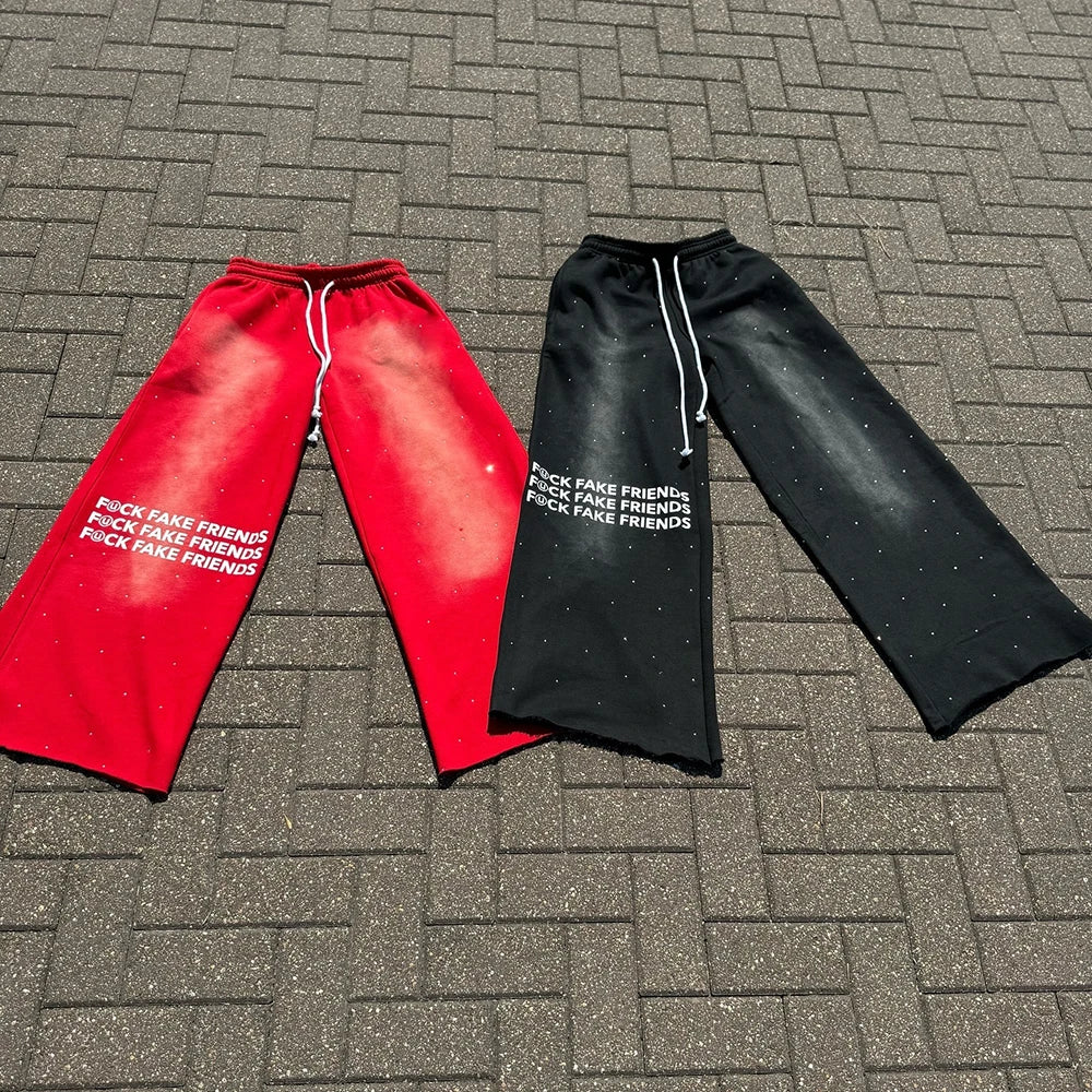 Oem Sunfaded Washed Unisex Oversized Thick Cotton Pants Custom Logo Printed Men Rhinestone Baggy Wide Leg Sweatpants