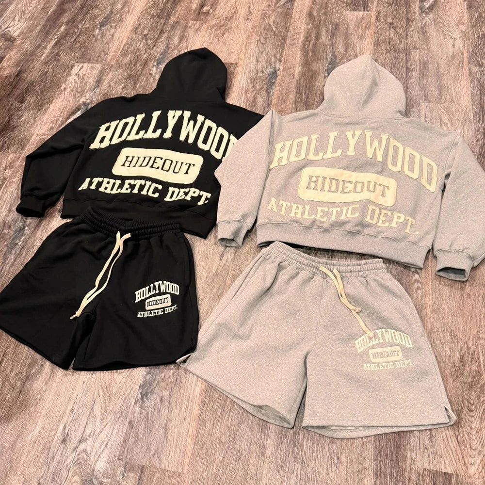 Streetwear Hoodie Shorts Sets Men Custom Embroidery Logo Heavyweight Cotton French Terry Sweat Shorts Tracksuits Sets