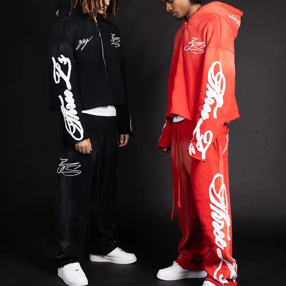 Heavyweight Vintage Washed Streetwear Sweatsuits Custom Logo Embroidery Patched Men Two Piece Hoodie Sweatpants Sets