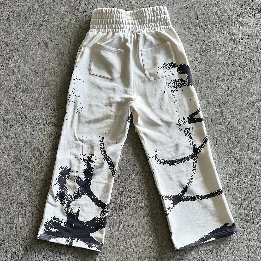 Streetwear Graphic Track Sweat Pants Custom Screen Printing Men Wide Leg Heavyweight Cotton Baggy Sweatpants