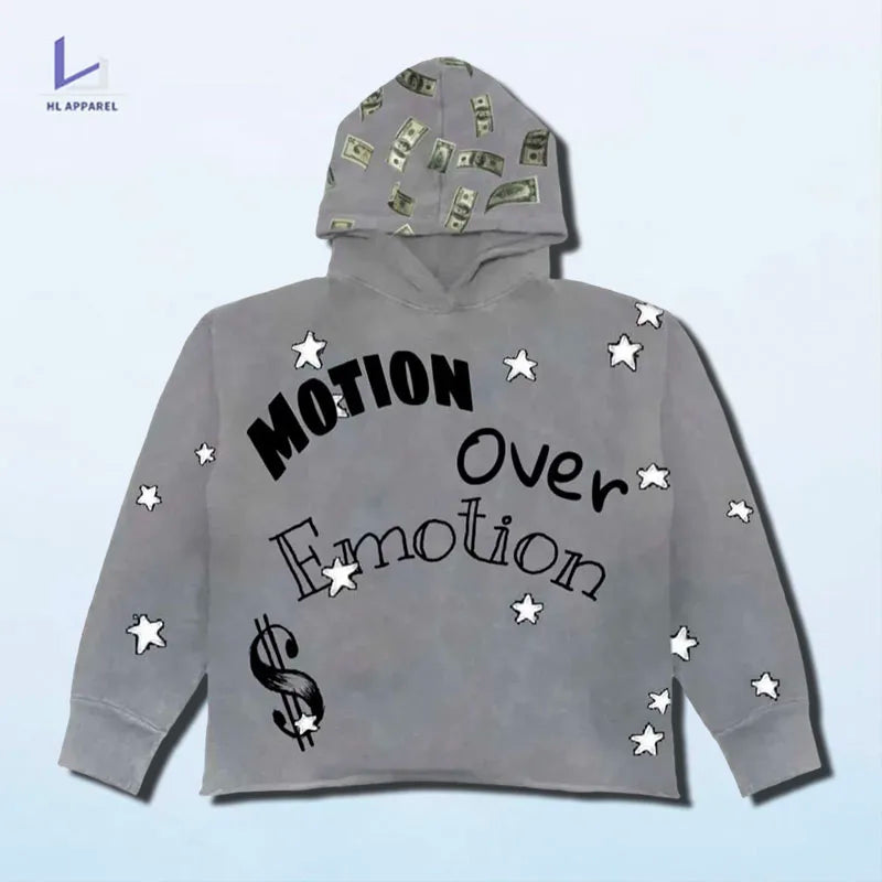 HL-Hersteller Großhandel hochwertiger Fleece-Hoodie mit blankem Saum und ohne Kordelzug, individuell bedruckter Y2K-Vintage-Hoodie für Männer