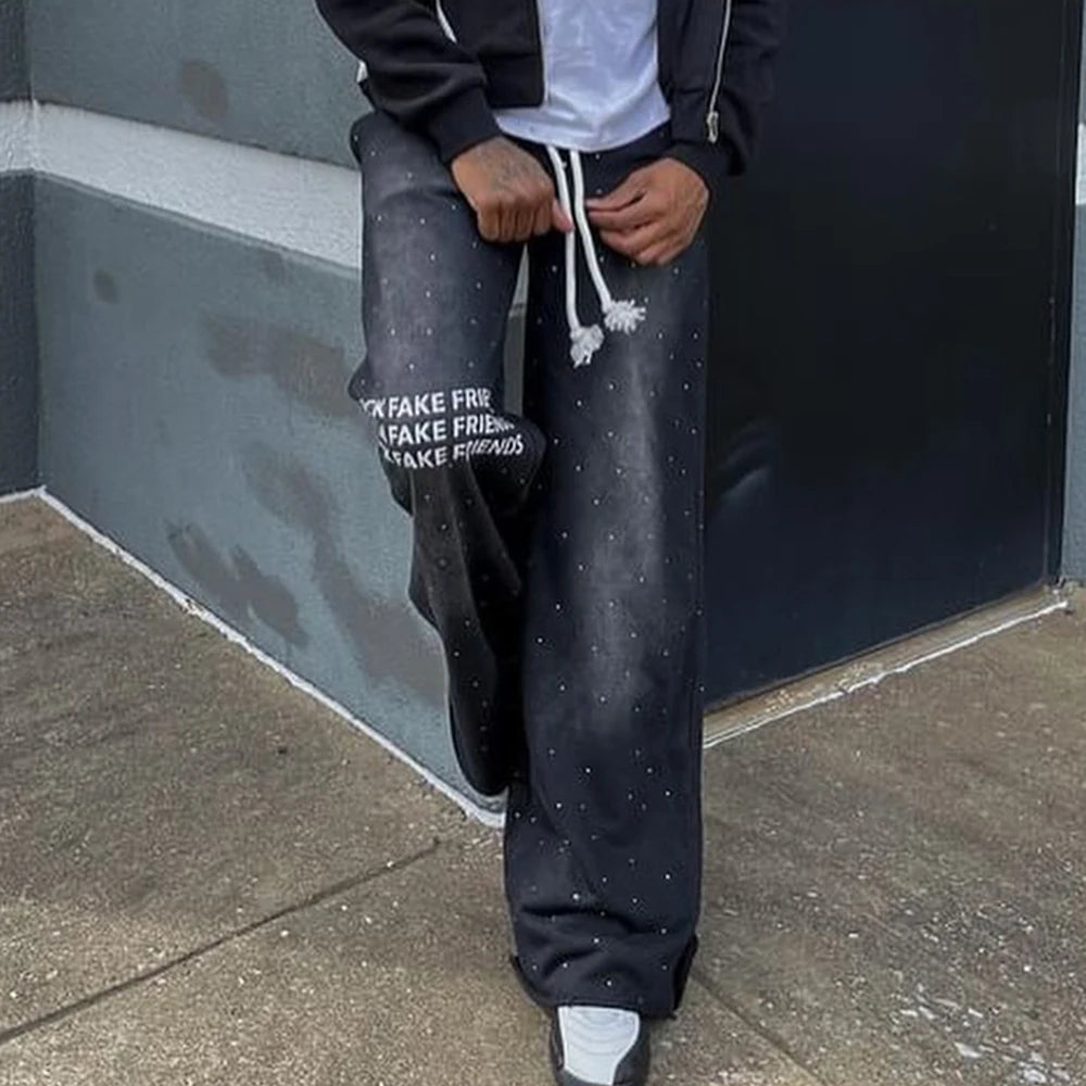 Oversized Loose Fit Vintage Sunfaded Thick Cotton Sweat Pants Custom Printing Men Rhinestone Wide Leg Baggy Sweatpants