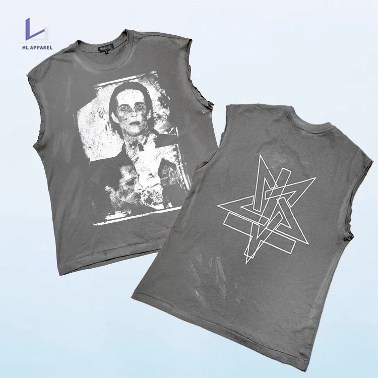 HL Hersteller Designer ärmellose Weste Fabrik Großhandel T-Shirt benutzerdefinierte Graffiti-Druck T-Shirt Männer Vintage Säure waschen T-Shirt