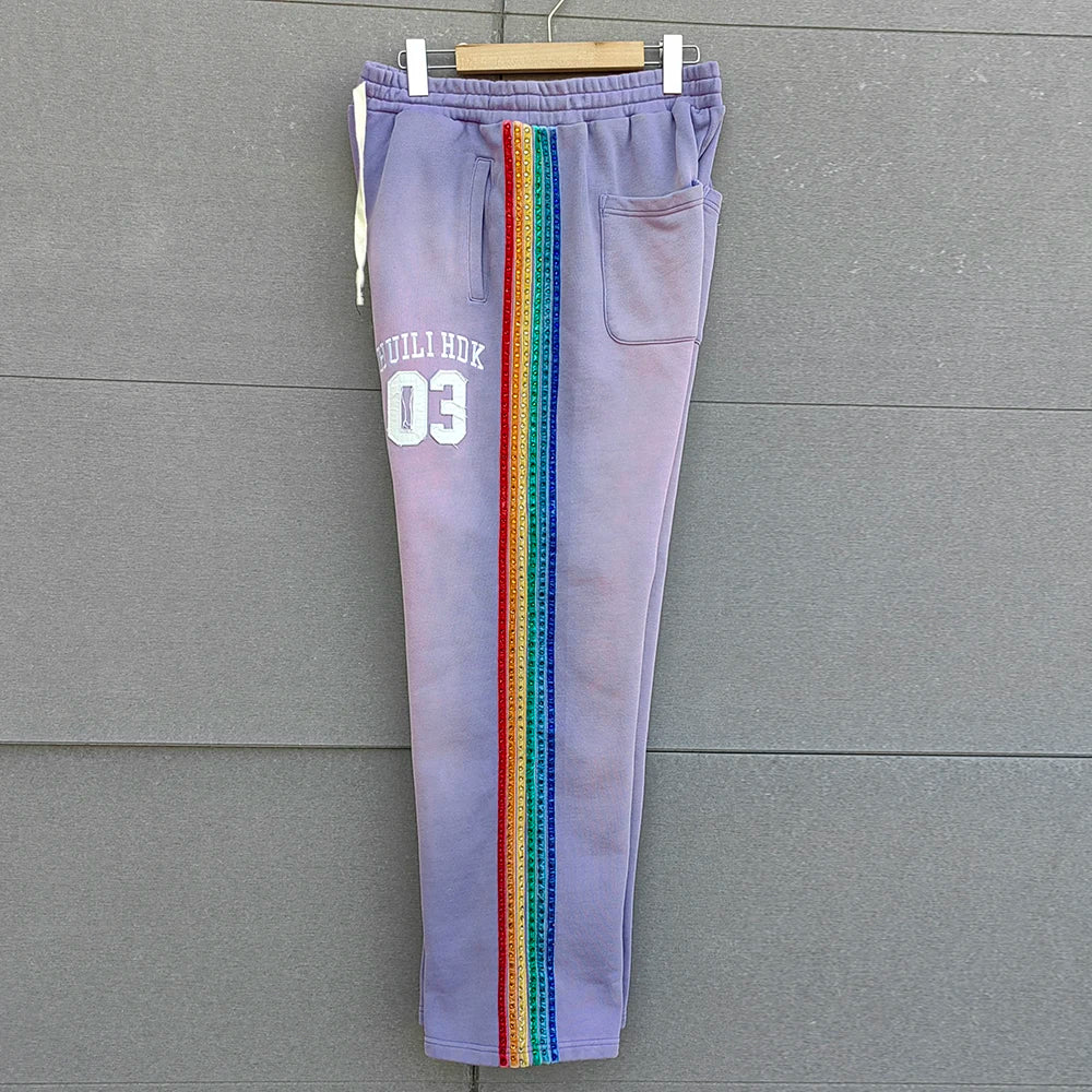 Manufacturer Oem Heavyweight Cotton Side Rhinestone Track Pants Men Custom Vintage Washed Sunfaded Wide Leg Sewatpants