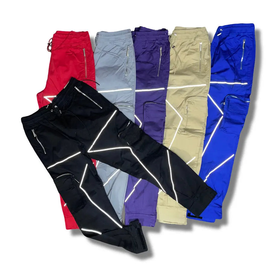Lightweight Nylon Track Pants Men Custom Reflective Strip Printing Windbreaker Cargo Pants
