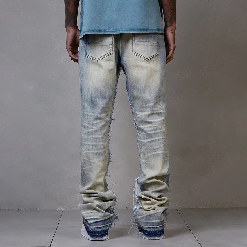 Patchwork Slim Fit Denim Jeans Men Pants Fashion Casual Wholesale Custom Ripped Stacked Flare Jeans