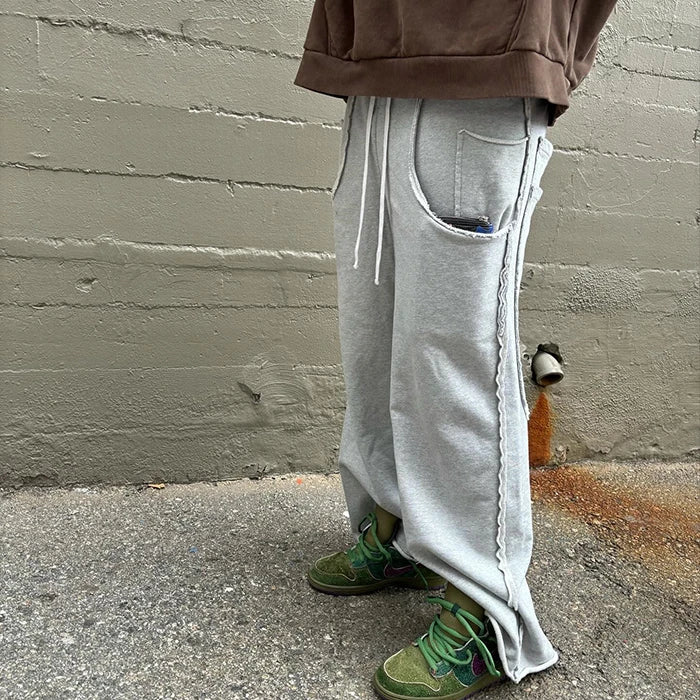 Oversized Unisex Big Pockets Streetwear Wide Leg Sweatpants Custom Raw Trims Cut Edge Men Elastic Waist Baggy Sweatpants
