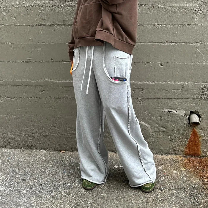 Oversized Unisex Big Pockets Streetwear Wide Leg Sweatpants Custom Raw Trims Cut Edge Men Elastic Waist Baggy Sweatpants