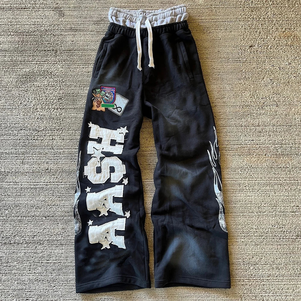 Sunfaded Vintage Washed Thick Cotton Jogger Pants Men Custom Embroidery Logo Patched Double Waisted Wide Leg Sweatpants