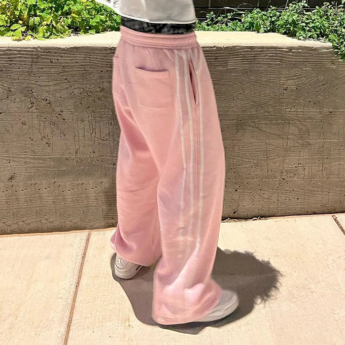 New Design Striped Side Split Bottom Track Sweat Pants Custom 100% Cotton Men Straight Wide Leg Double Waist Sweatpants