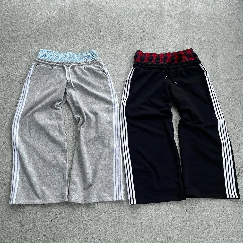 Custom High Quality Thick Cotton Wide Leg Sweatpants Side Striped Men Heavyweight Double Waist Sweatpants