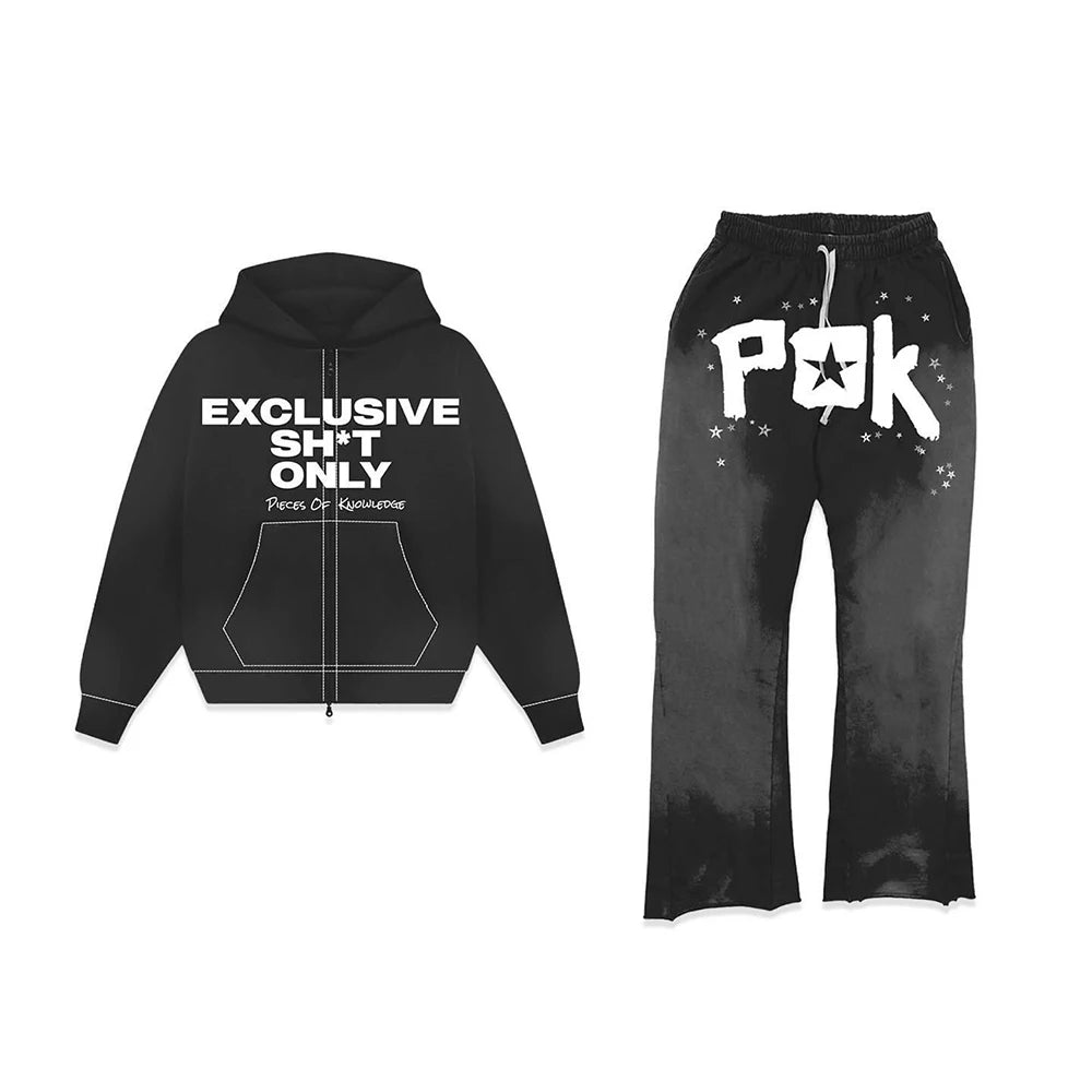 Oem Wholesale Unisex Tracksuit Streetwear Vintage Washed Two Piece Zip Up Sweatshirt Hoodie Flared Sweatpants Set