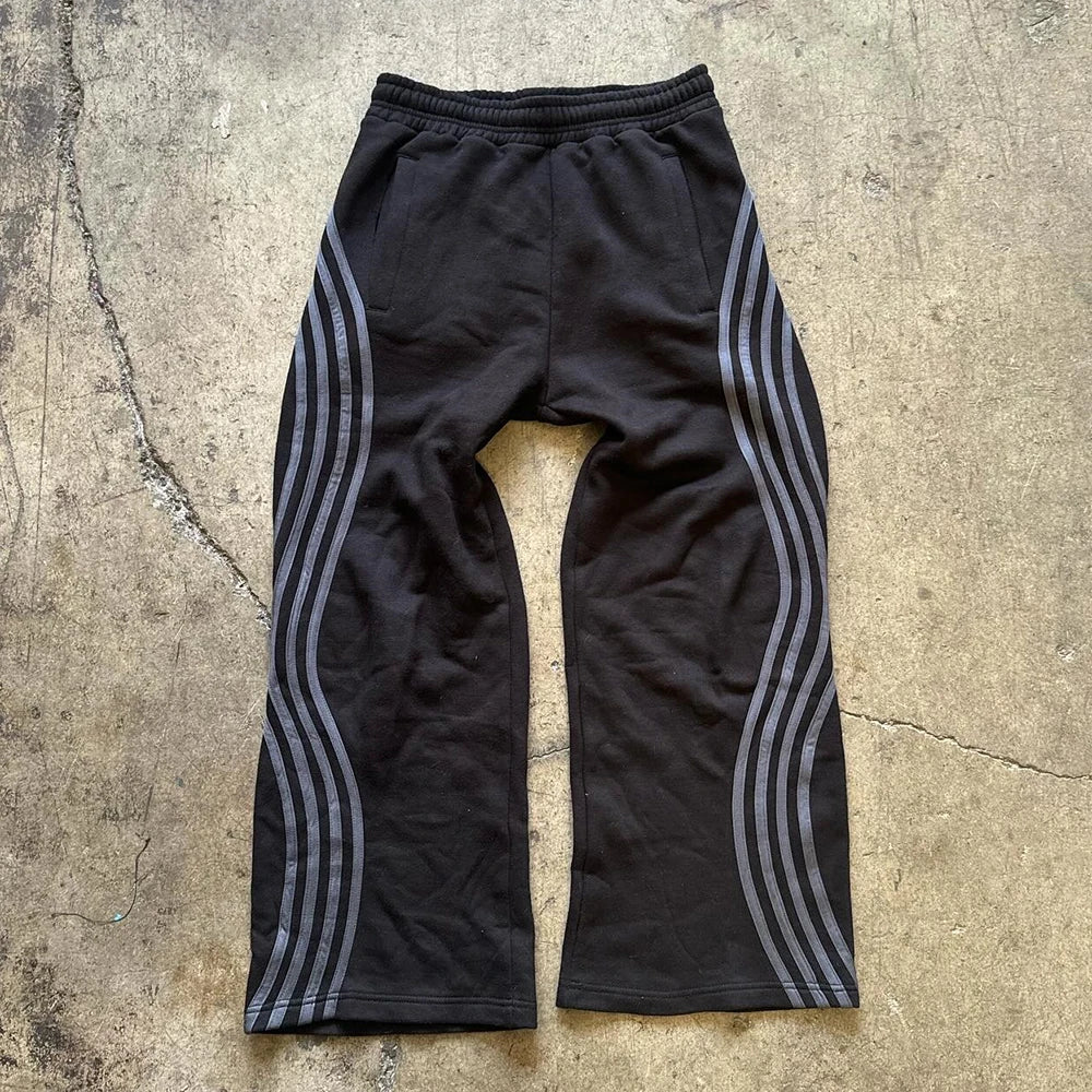 Streetwear Heavyweight Cotton Jogger Sweat Pants Custom Striped Side Men Wide Leg Baggy Sweatpants