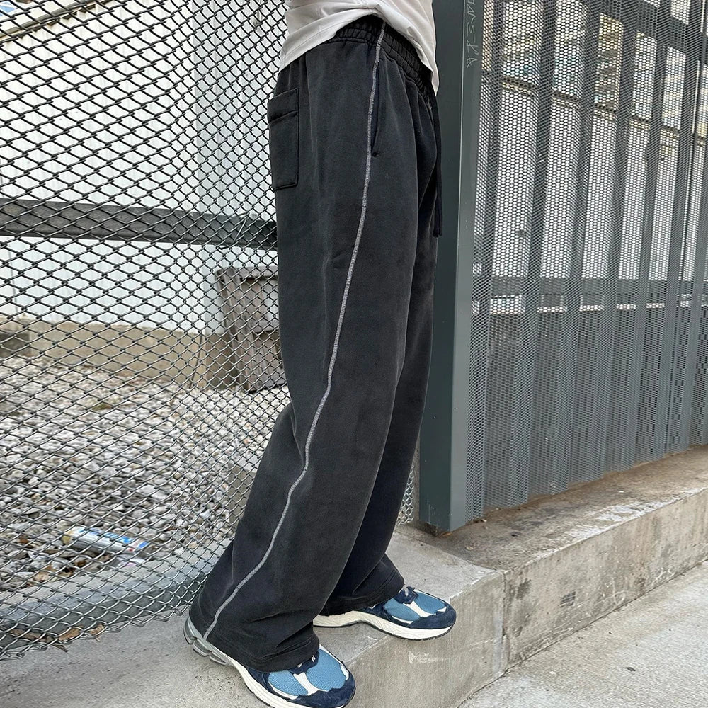 Heavyweight Cotton Jogger Pants Custom Contrast Stitching Men Adjustable Bottom Wide Leg Vintage Washed Sweatpants