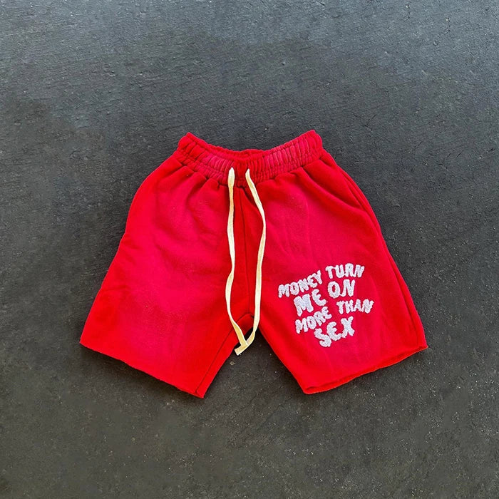 oem custom men vintage sun dye fade sweat cotton shorts distressed cut edge puff printing men's summer acid wash shorts