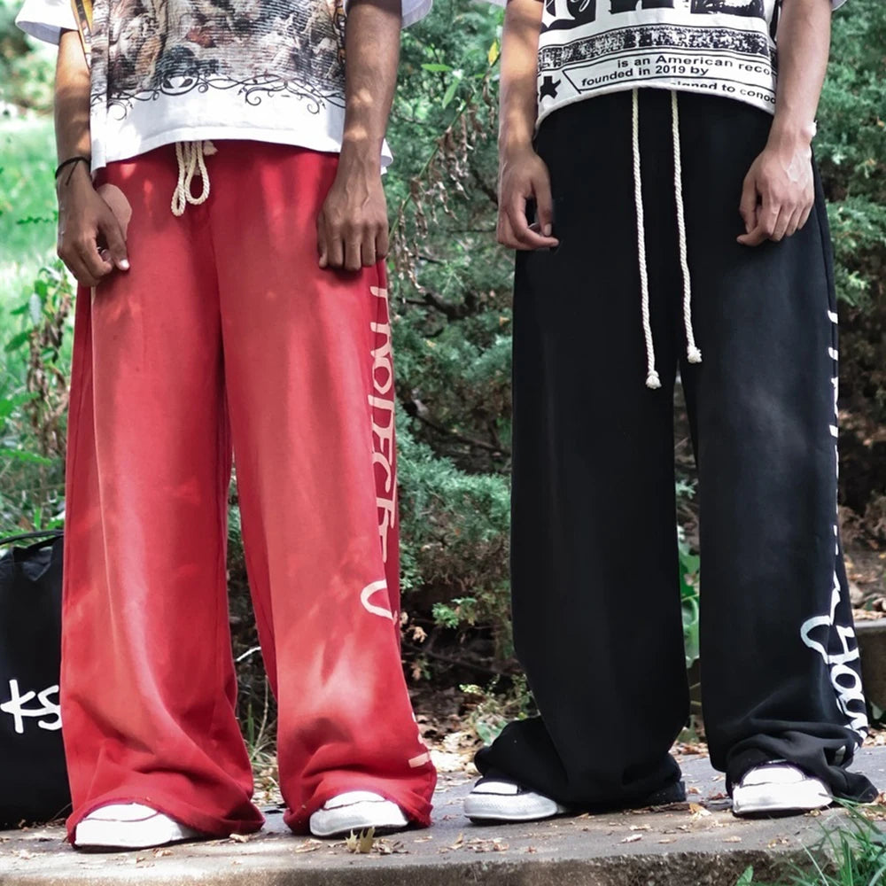 Cotton Sweat Pants Joggers Custom Logo Printed Men Sunfaded Vintage Heavyweight Baggy Wide Leg Sweatpants