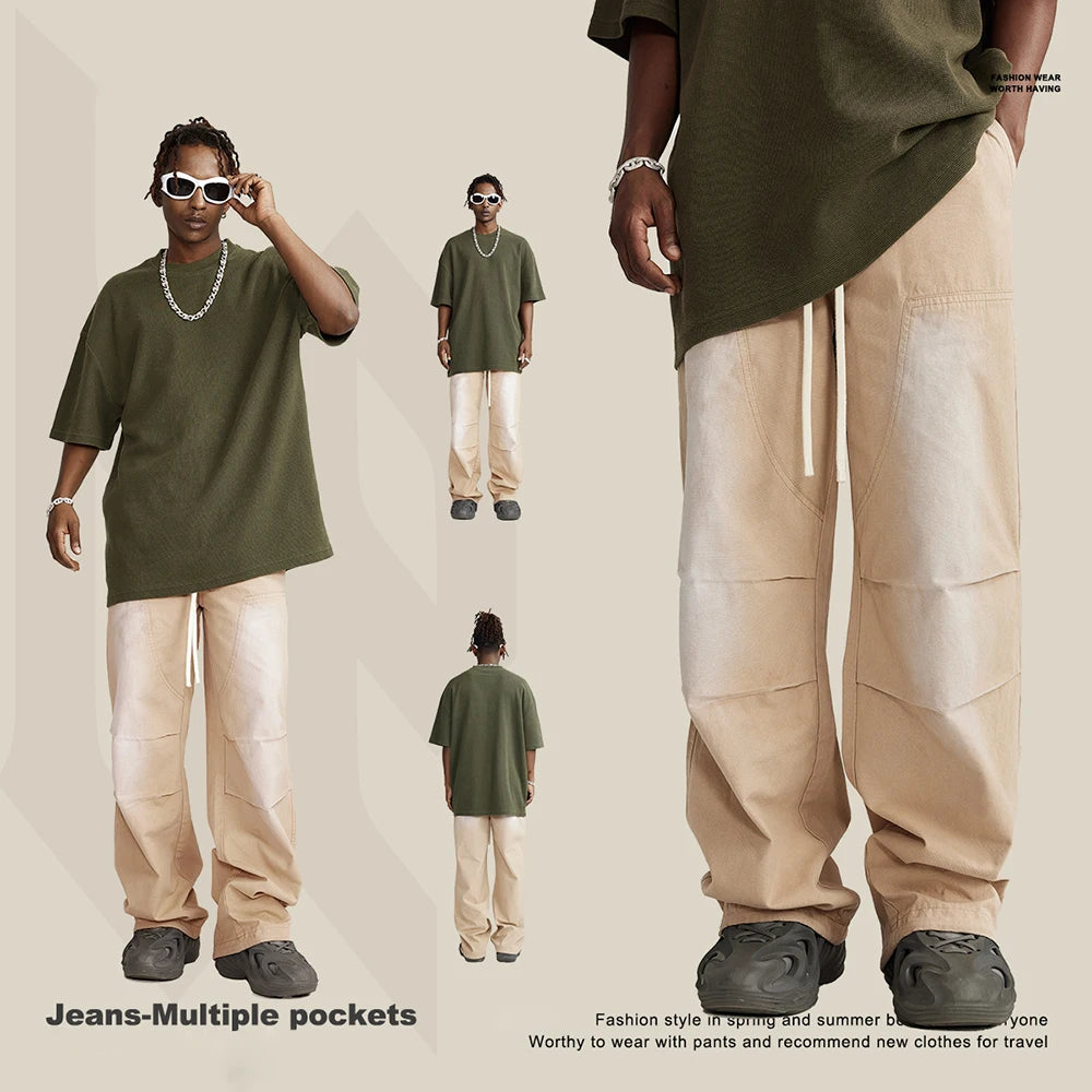 Winter Monkey Washed Gradient Woven Carpertner Outdoor Pants Oversized Wide Leg Men Sun Faded Thick Cotton Cargo Pants
