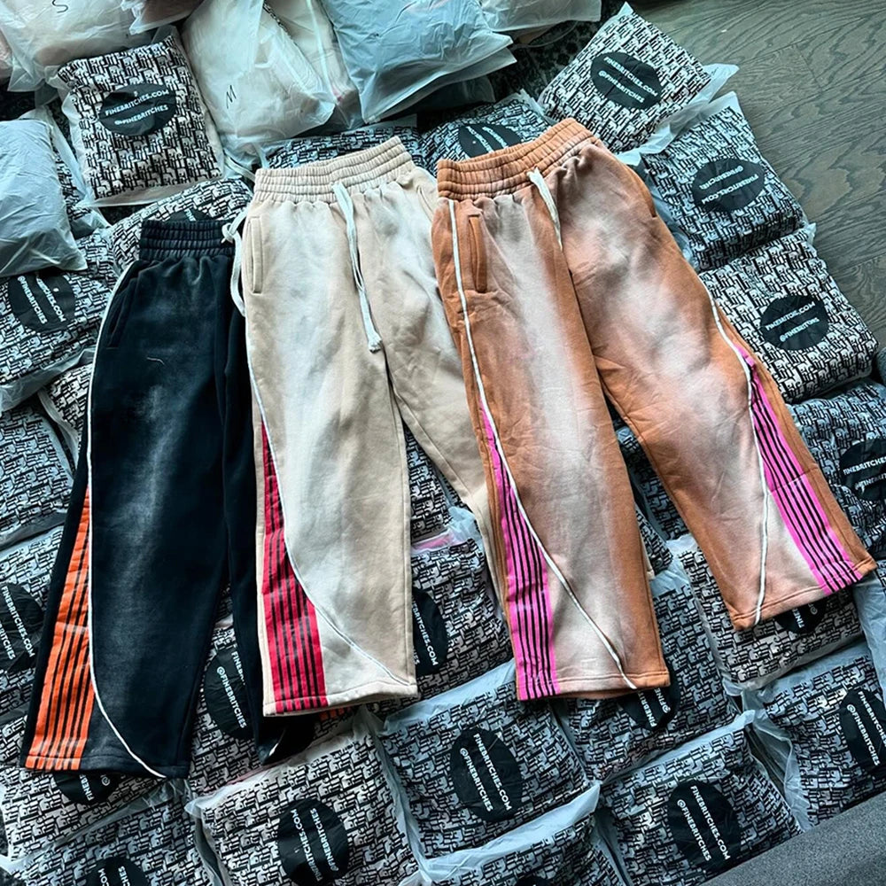 Heavyweight Cotton Track Pants Men Custom Sunfaded Vintage Washed Striped Wide Leg Flared Sweatpants