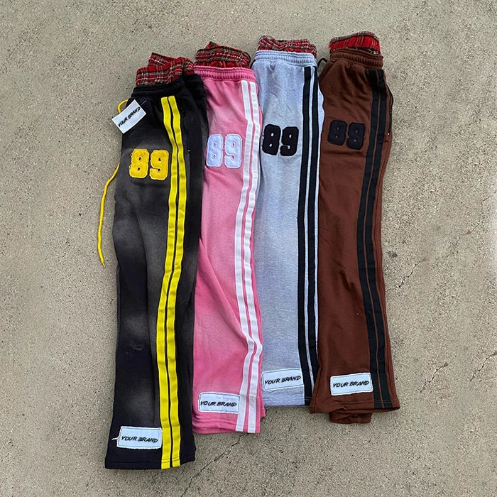 Oem Vintage Washed Stripe Sweat Pants Custom 100% Cotton Sun Faded Men Embroidery Logo Patched Double Waist Flare Sweatpants