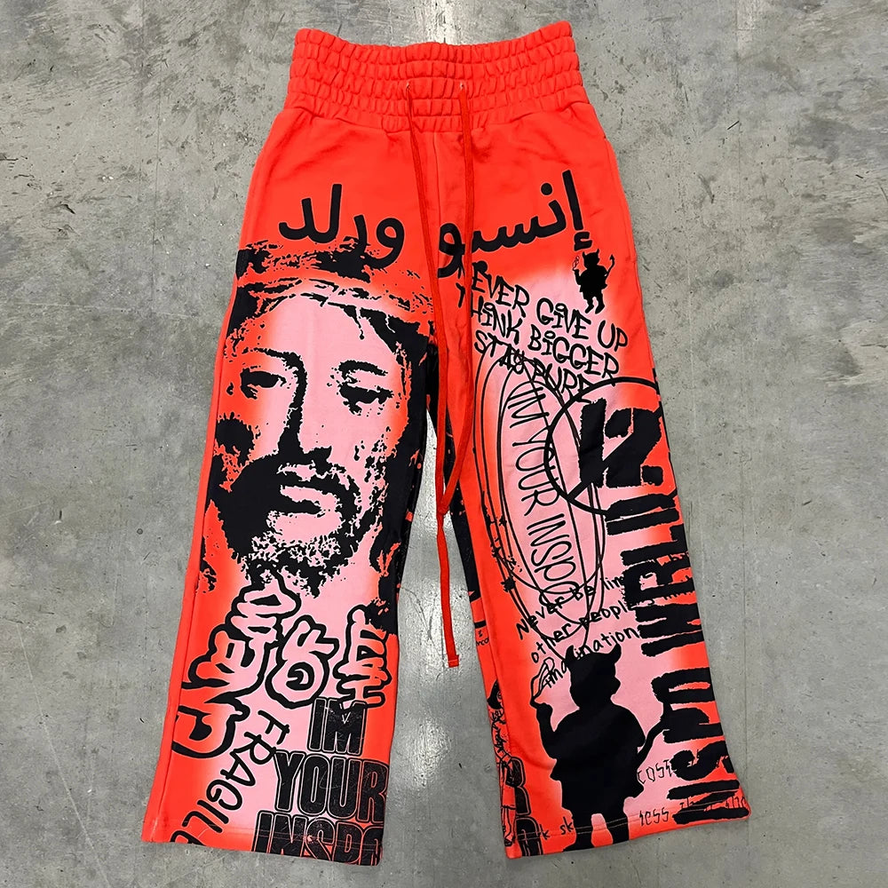 Custom Screen Printing Graphic Heavyweight Cotton Pants Men Vintage Washed Wide Leg Baggy Sweatpants