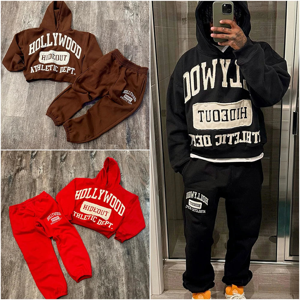 Manufacturer Custom Embroidery Patched Thick Cotton Streetwear Tracksuit Set Men Two Piece Hoodie Sweatpants Sets