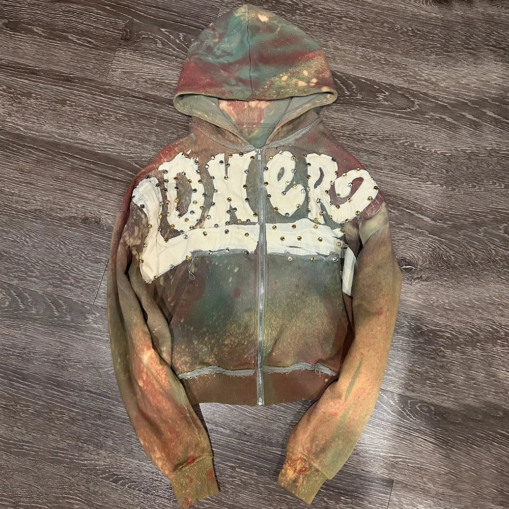 Oem High Quality Retro Washed Zip Up Hoodies Custom Oversized Fit Men Embroidery Logo Patched Rhinestone Vintage Hoodie