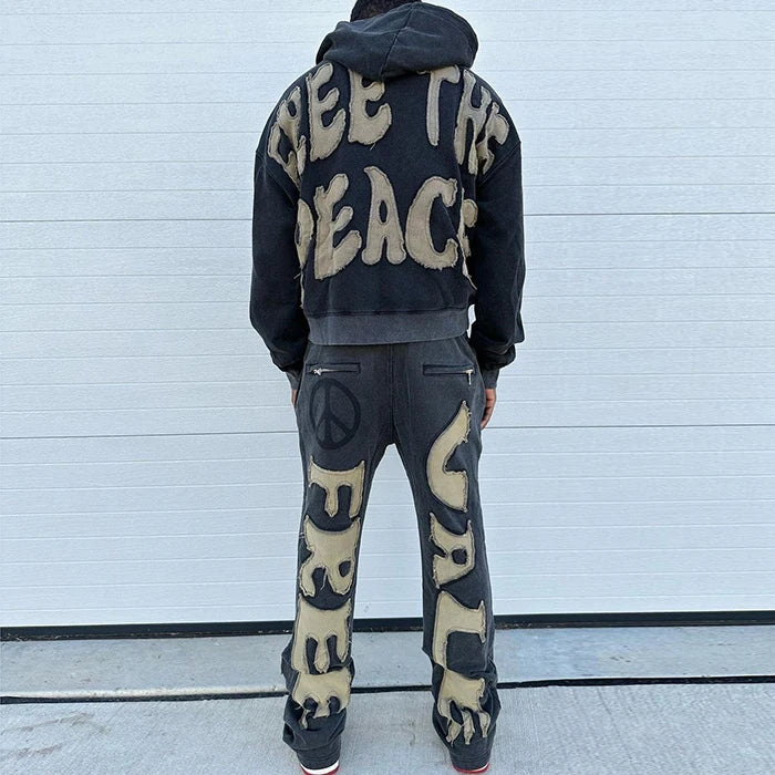 Huilin Hochwertige, individuell bestickte Jogginghose mit schwerem Used-Look, mit Applikationen und Patches, Vintage, 500 g/m²