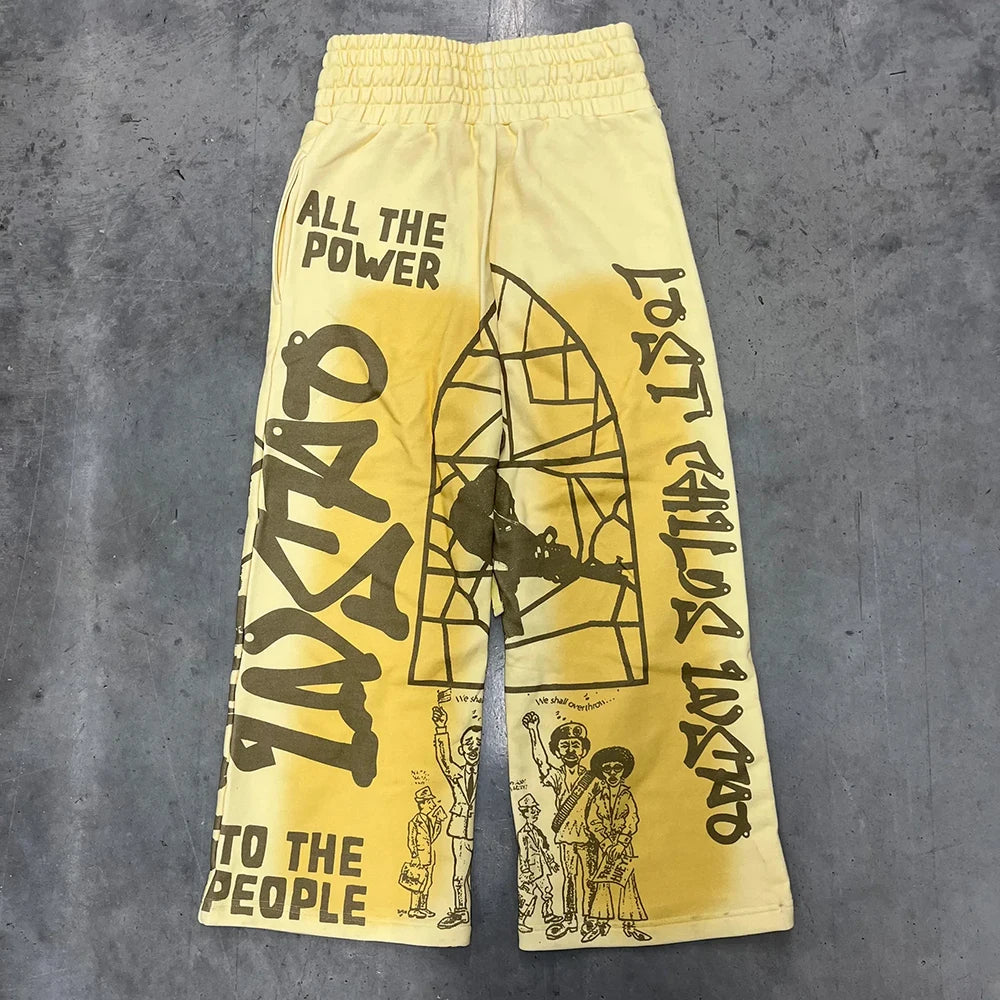 Custom Screen Printing Graphic Heavyweight Cotton Pants Men Vintage Washed Wide Leg Baggy Sweatpants