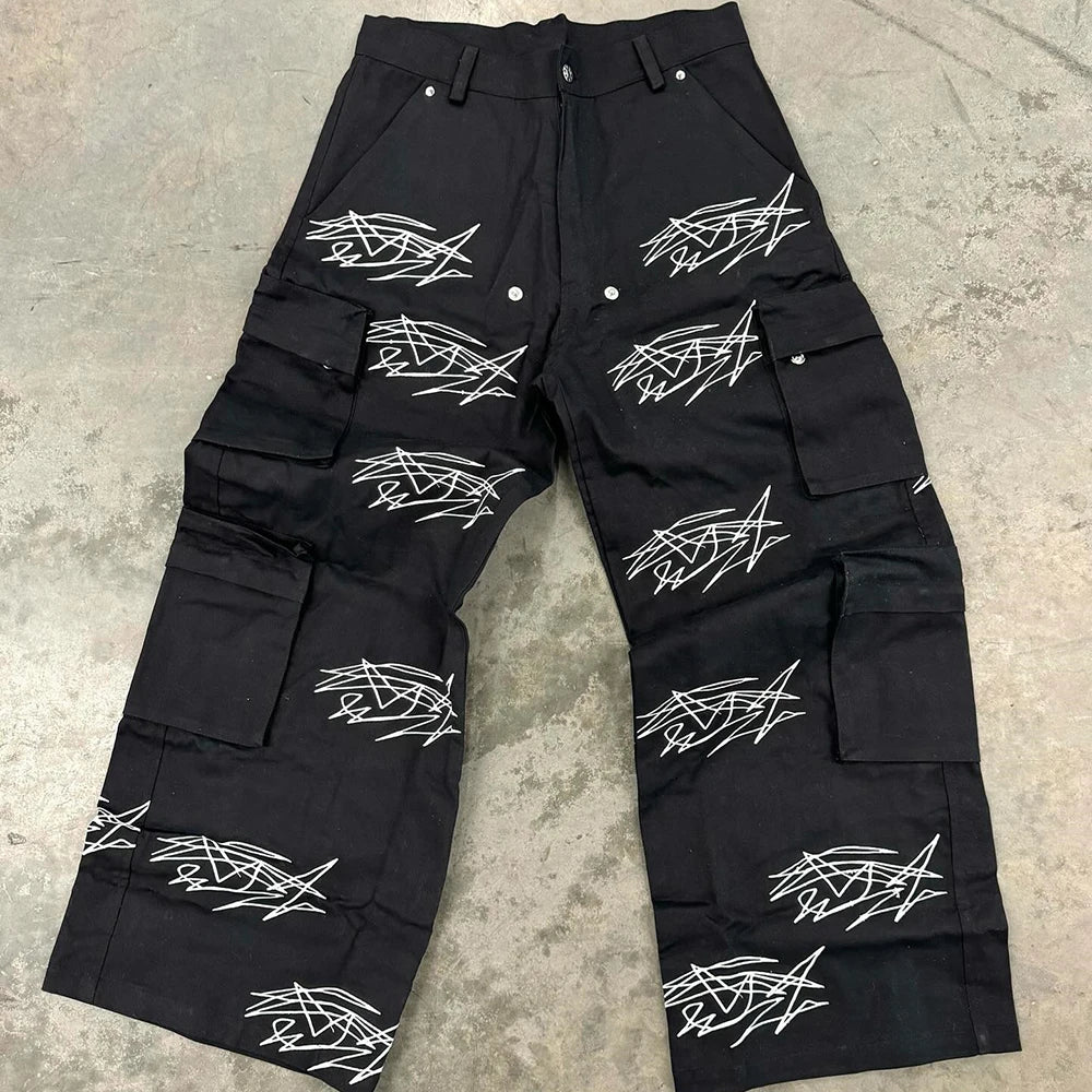 Custom Logo Printing Thick Cotton Work Pants Men Oversized Wide Leg Baggy Cargo Pants