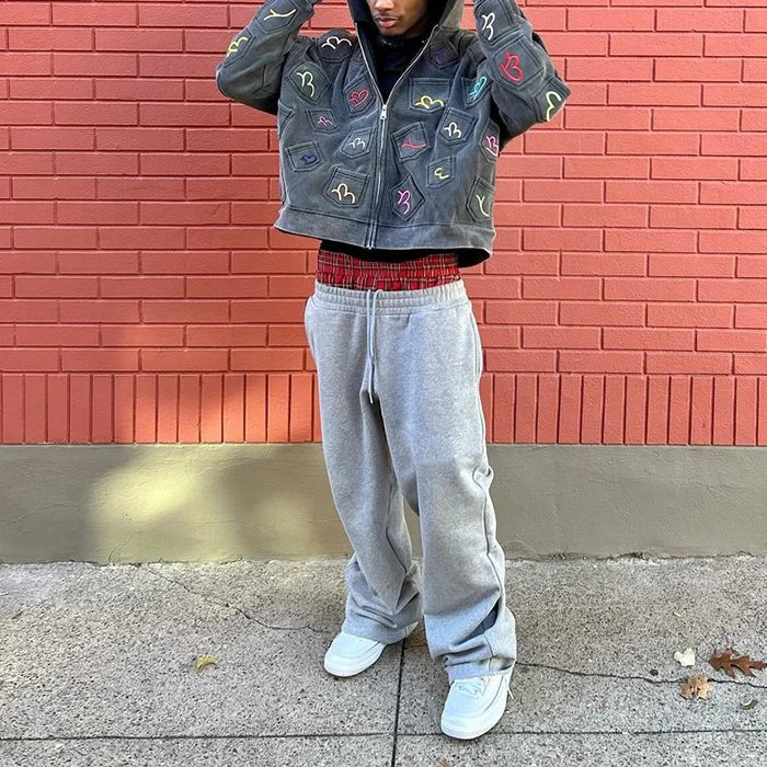 Loose Fit Wide Leg Baggy Sweatpants Men Custom Logo Print Extra Long Double Waist Sweatpants