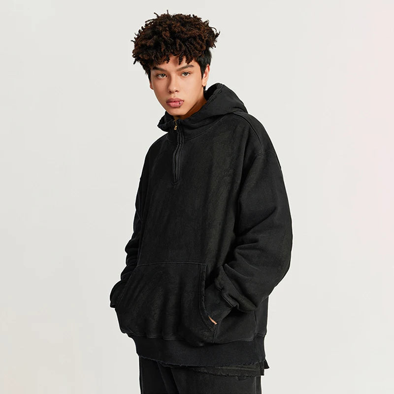 Wholesale Vintage Heavyweight Half-Zip Hoodie in Acid Wash Custom Logo Pullover Acid Wash Streetwear