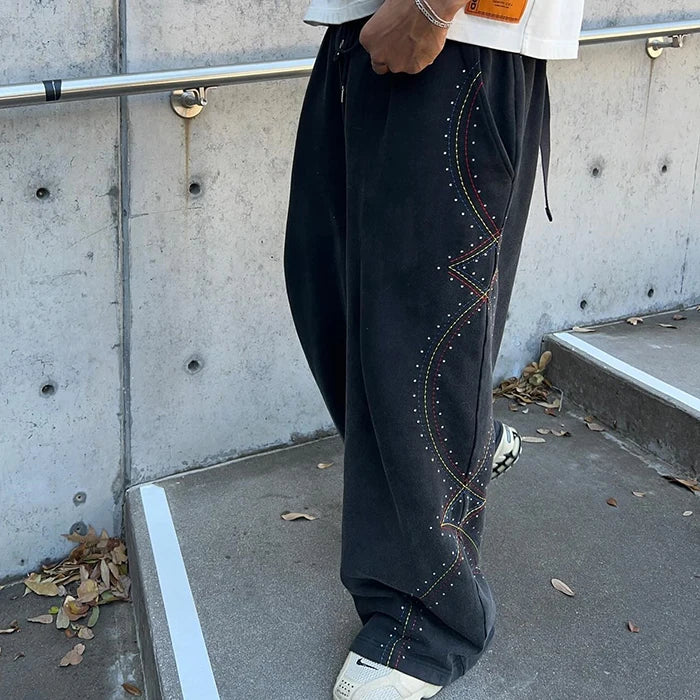 Heavyweight Cotton Unisxe Oversized Straight Leg Track Sweat Pants Men Custom Rhinestone Vintage Washed Baggy Sweatpants